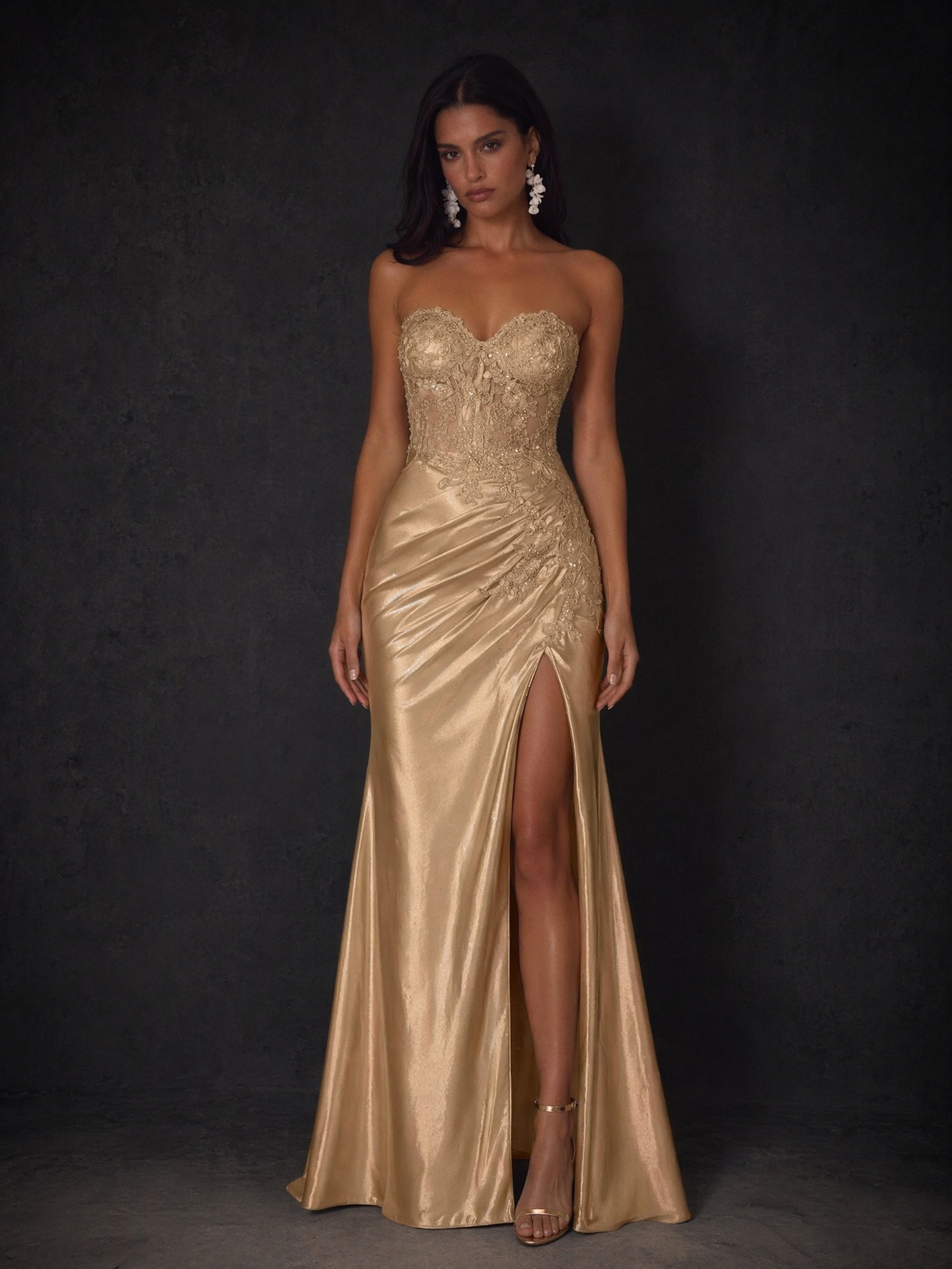 BOLODOO Champagne Gold Satin Sweetheart Lace Corset Bodice High Slit Lace-Up Back Mermaid Maxi Dress - Front Upper Body Close-up Sweetheart Lace Corset Bodice Detail