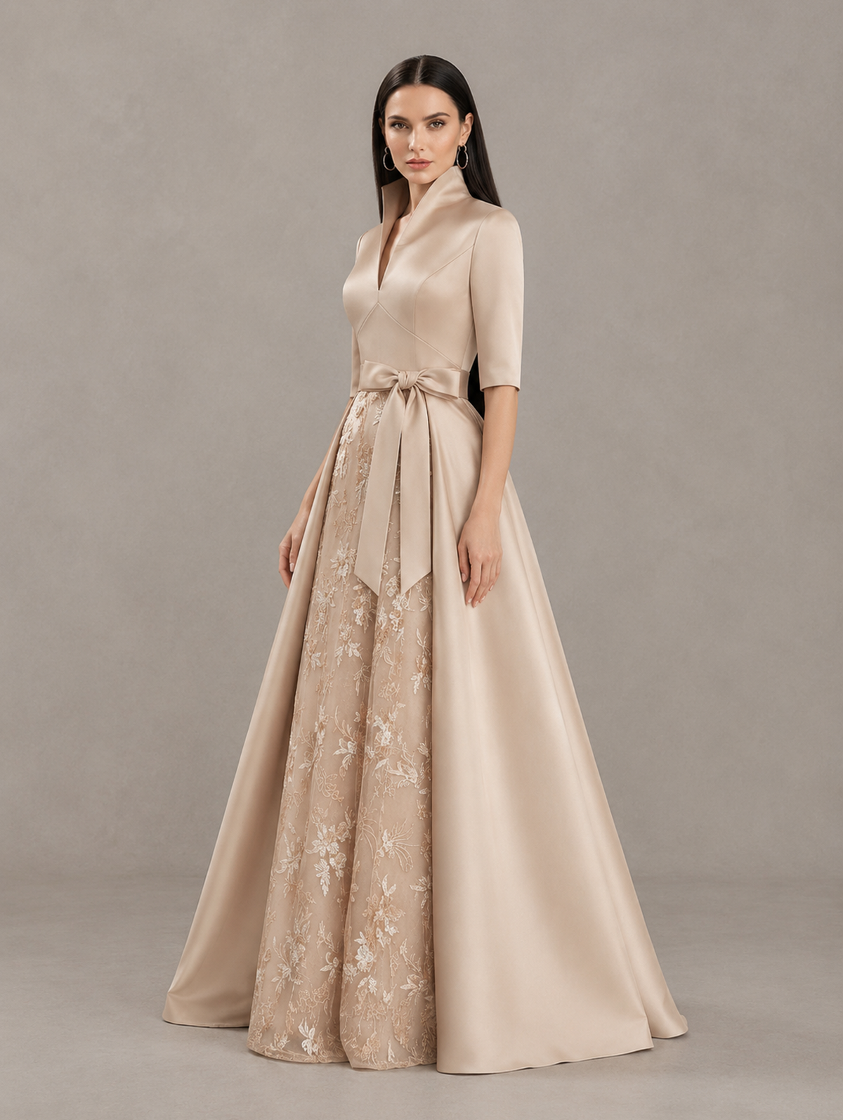 BOLODOO Champagne Stand Collar Bow Waist Floral Embroidered Evening Gown 