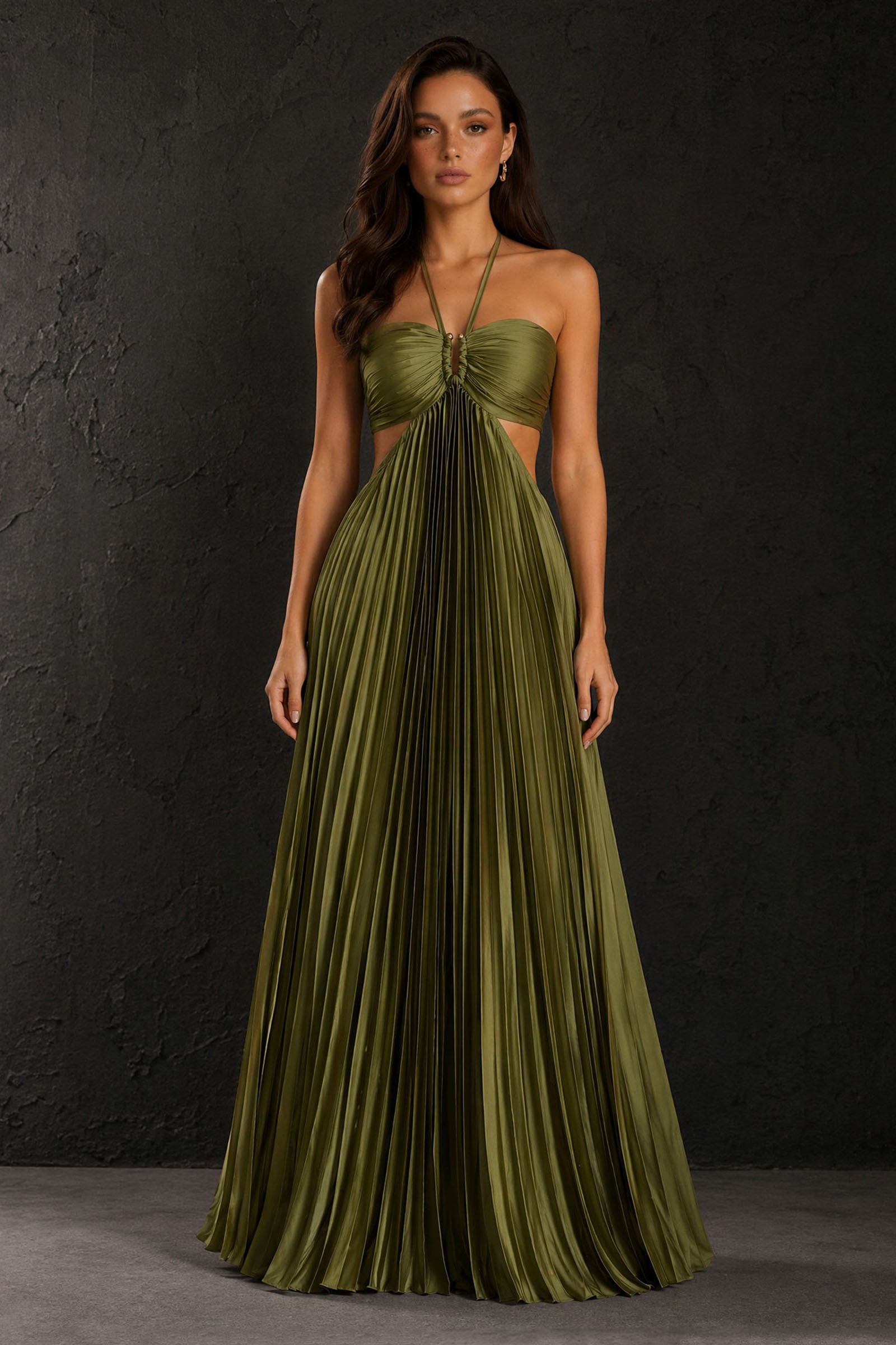 BOLODOO olive green satin halter neck cutout waist pleated A-line backless maxi dress - close up bodice and hardware detail