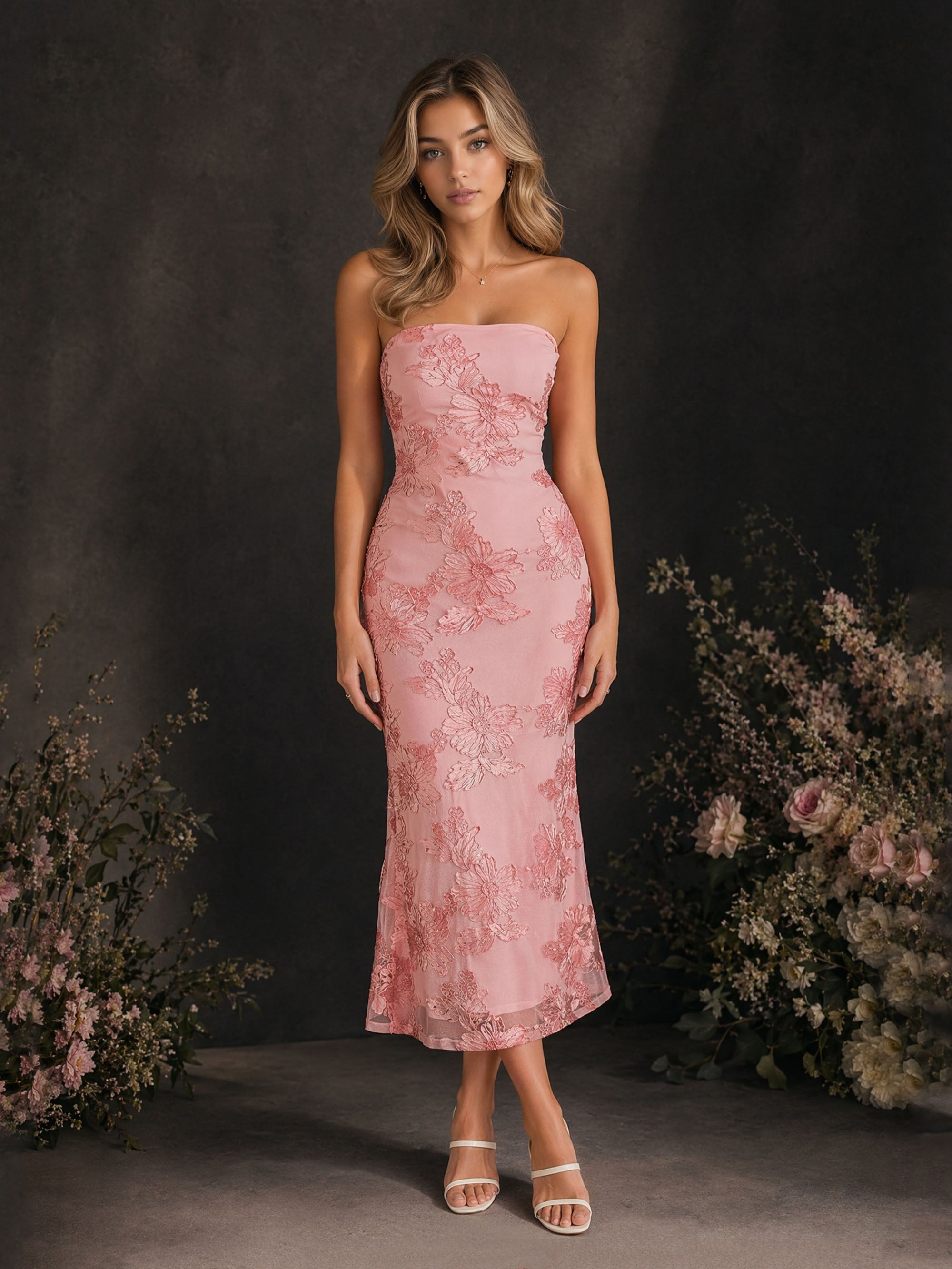BOLODOO Rose Pink Floral Embroidered Mesh Strapless Open Back Bodycon Midi Dress - Front Full Length Looking Down View