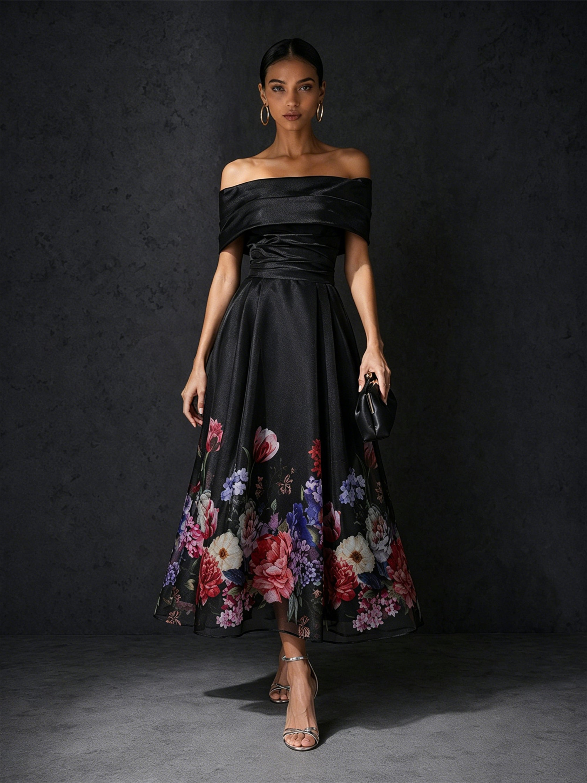 BOLODOO black floral midi dress - back view showing off-shoulder neckline and full organza skirt