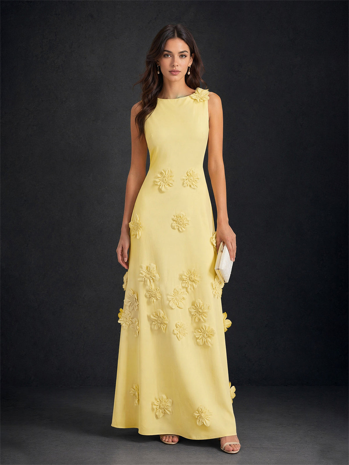 BOLODOO Lemon Yellow Chiffon 3D Daisy Floral Applique Round Neck Sleeveless A-Line Maxi Dress