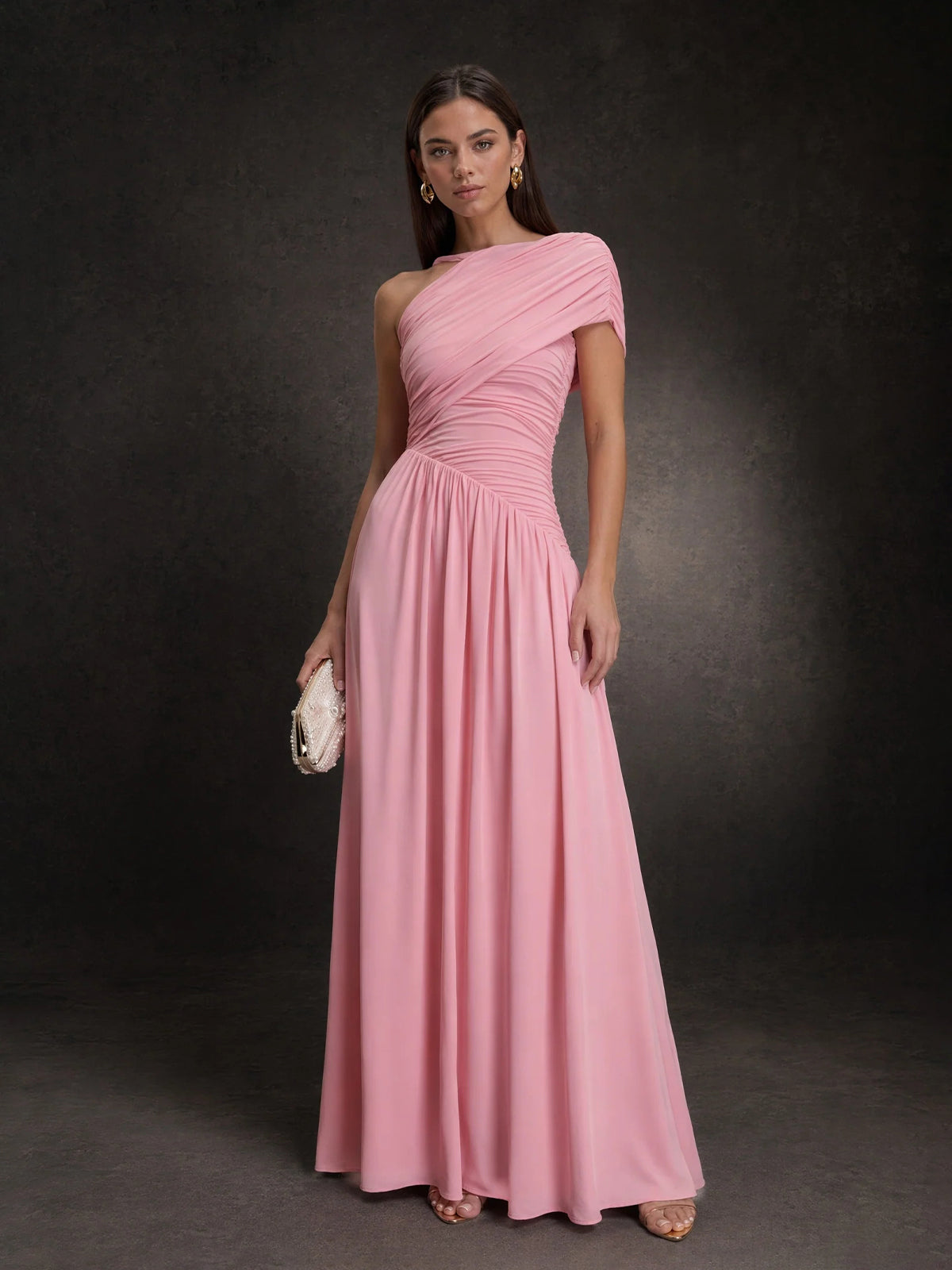 BOLODOO Pink One-Shoulder Draped Ruched Chiffon A-Line Maxi Dress