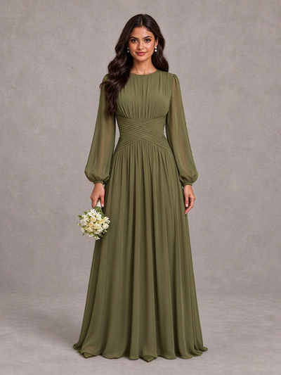 BOLODOO Olive Green Long Sleeve A-Line Bridesmaid Dress 