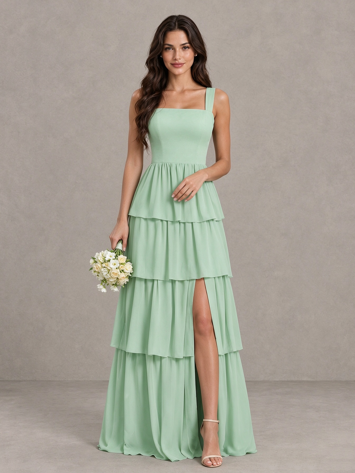 BOLODOO Mint Green Square Neck Tiered Bridesmaid Dress with Slit 