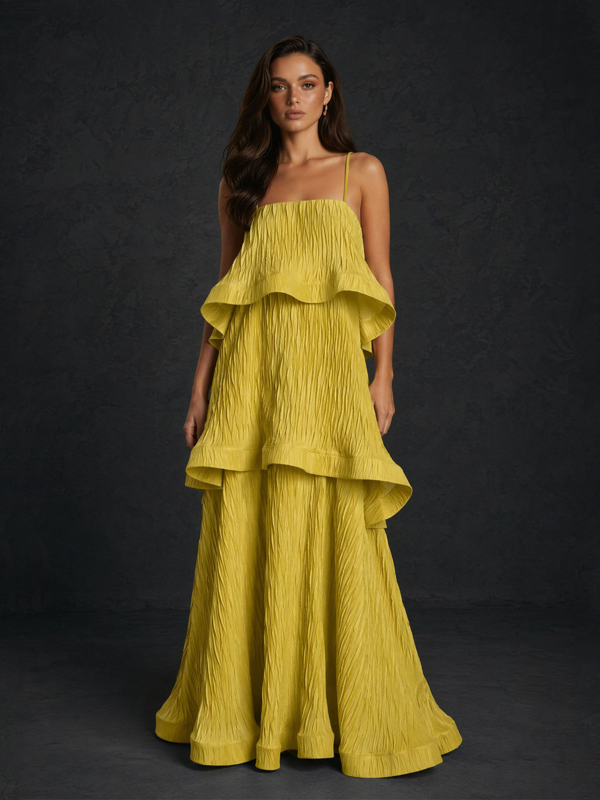 BOLODOO Chartreuse Yellow Crinkle Spaghetti Strap Square Neck Tiered Ruffle A-Line Backless Maxi Dress