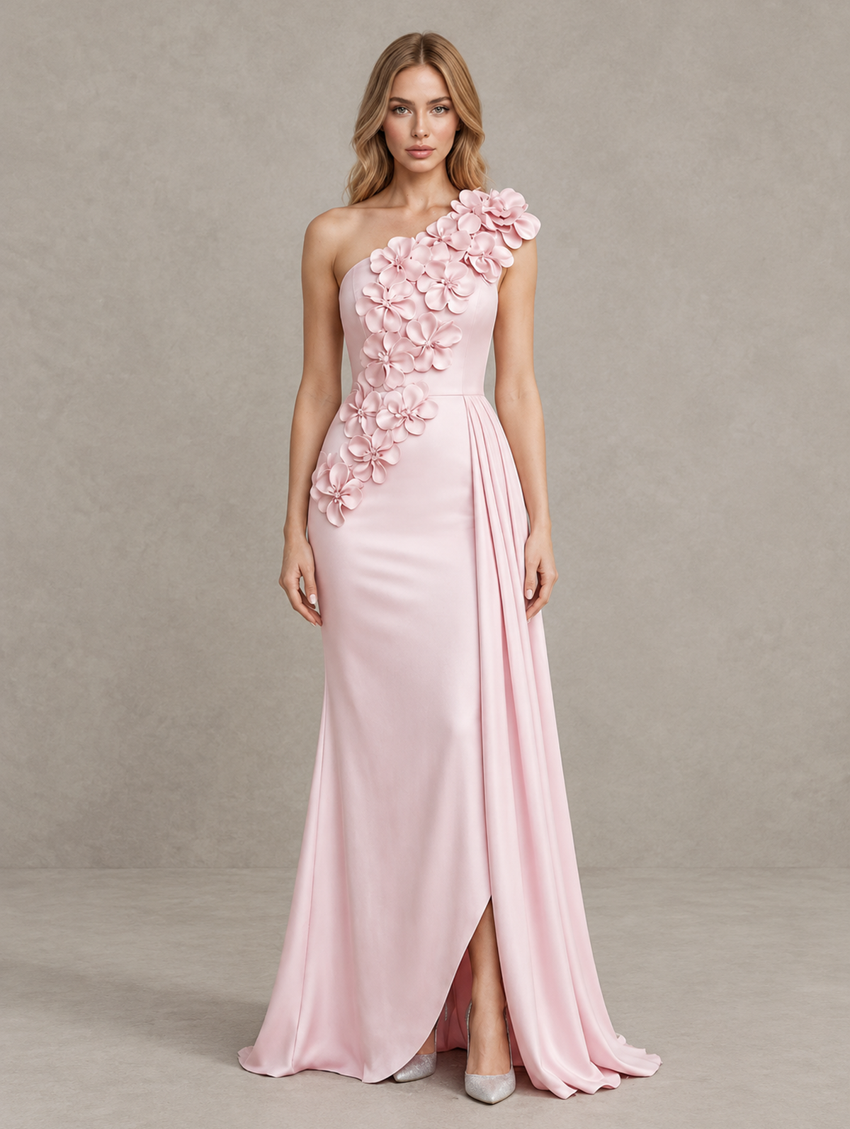 BOLODOO blush pink one-shoulder satin evening gown with 3D floral appliqué, front view