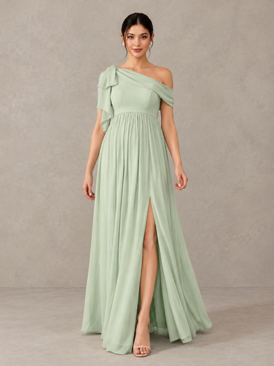 BOLODOO Sage Green One-Shoulder Maternity Bridesmaid Dress with Slit 