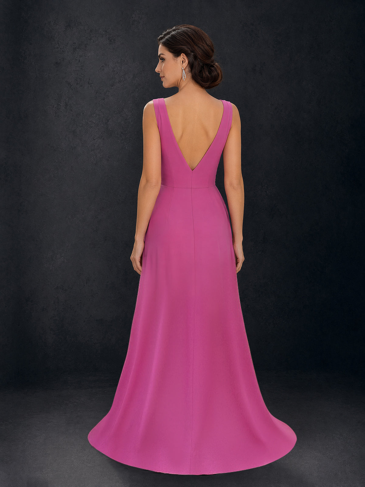 BOLODOO Magenta Pink Two-Tone Chiffon V-Neck 3D Floral A-Line Maxi Dress – Open V-Back Detail
