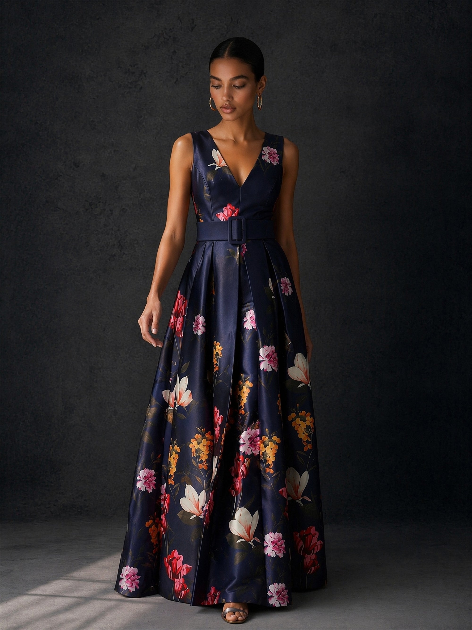 BOLODOO navy blue floral print V-neck belted ball gown - front view looking down