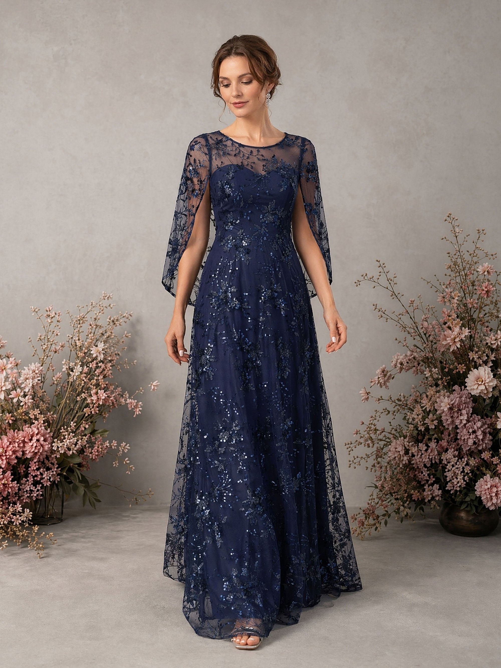 BOLODOO Navy Blue Sequin Lace Cape Sleeve Formal Gown - Back View