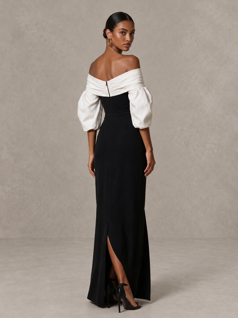 BOLODOO black and white evening gown, back view with exposed upper back and center-back zipper