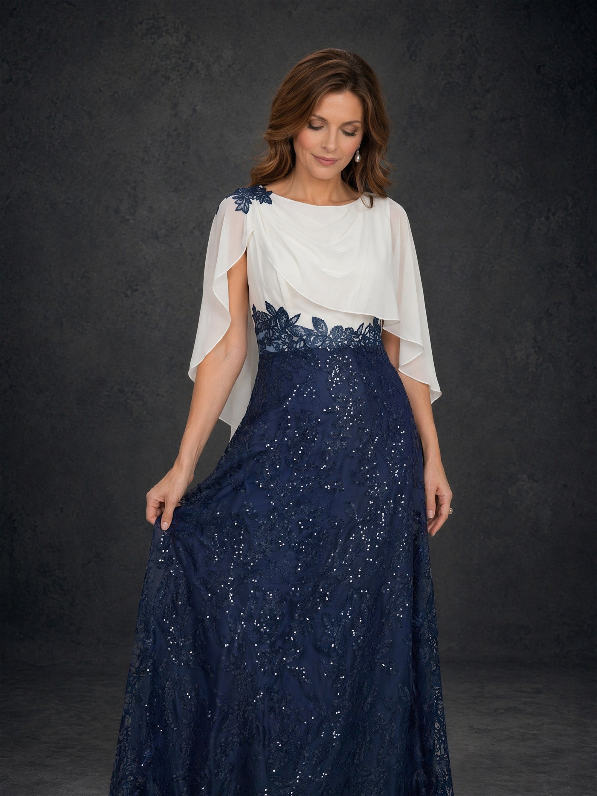 BOLODOO navy blue sequin lace maxi dress with ivory chiffon cape sleeve - back view showing covered back and cape drape