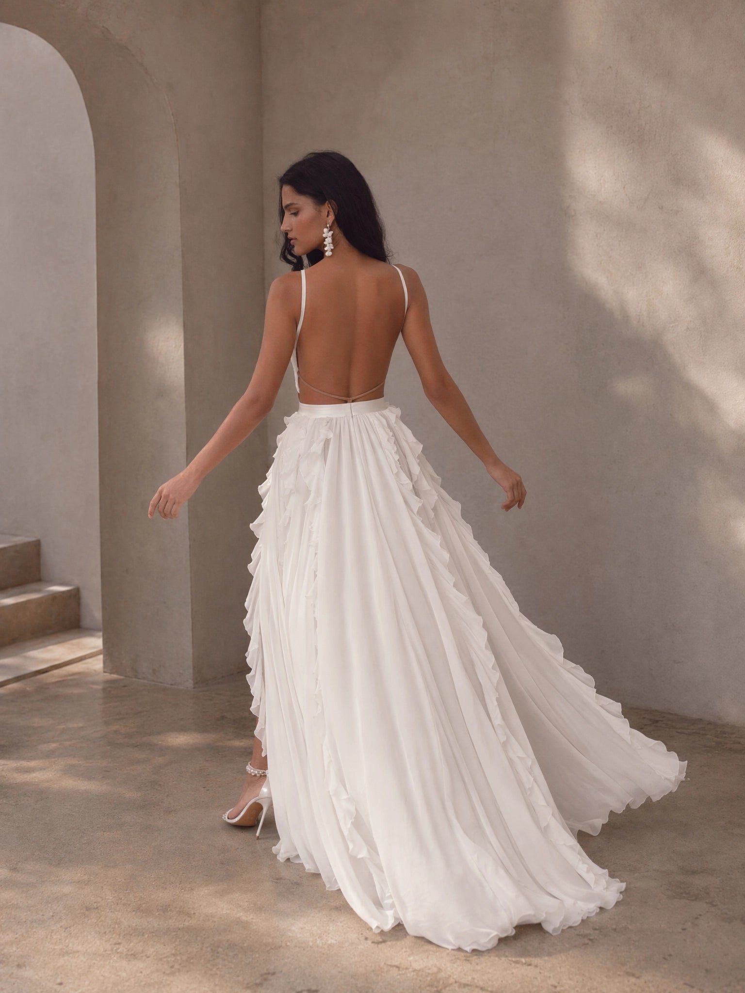 BOLODOO Ivory Halter Neck Crossover Cutout Chiffon Cascading Ruffle A-Line Wedding Gown - back view open back with train