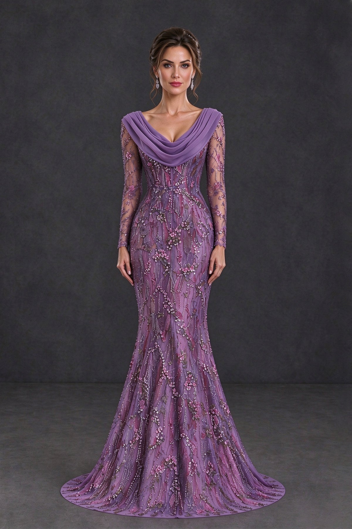 BOLODOO XX100 purple long sleeve mother of the bride dress with cowl neck and floral embellishments, front view