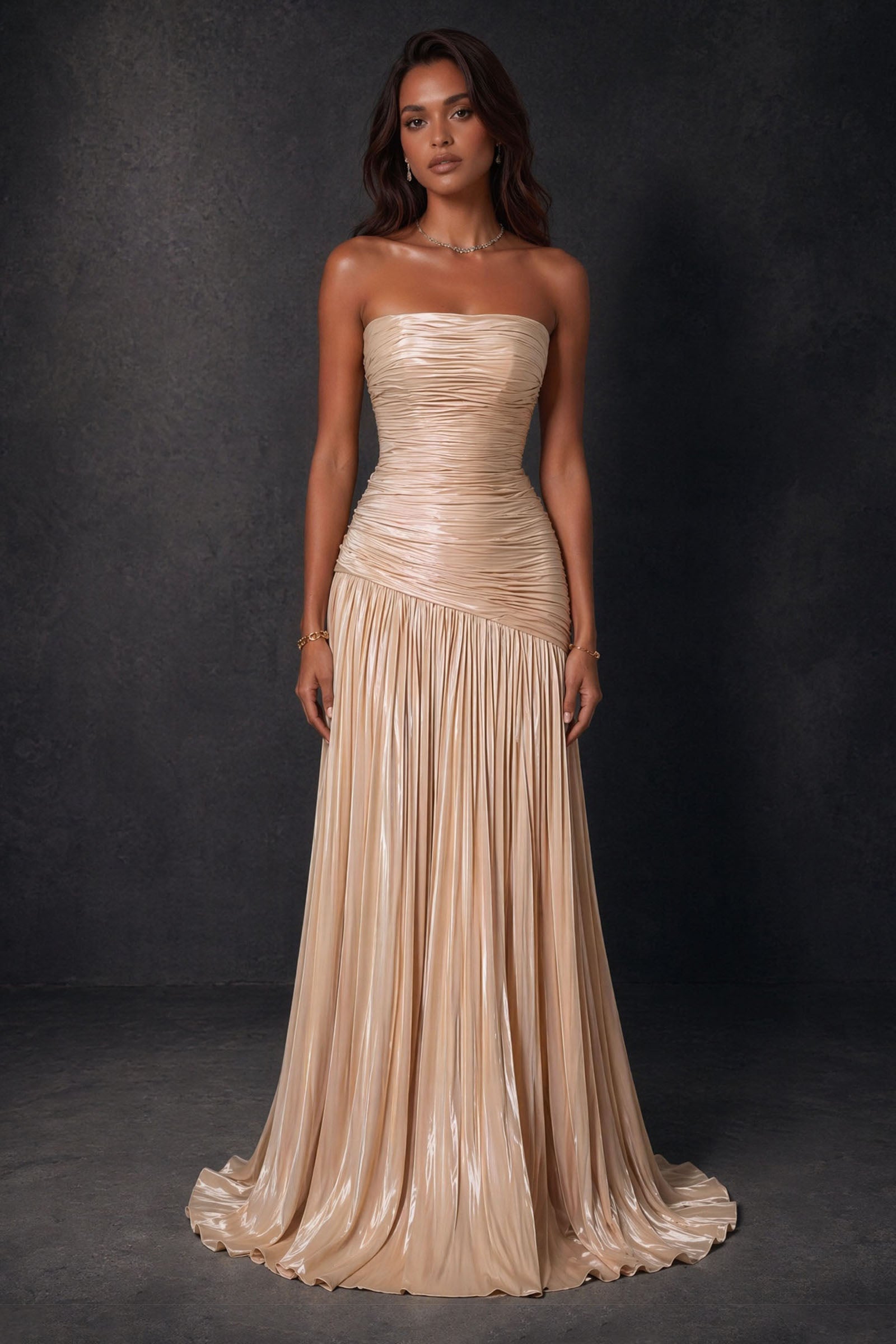 BOLODOO champagne gold metallic ruched strapless pleated A-line backless maxi dress - front full length view