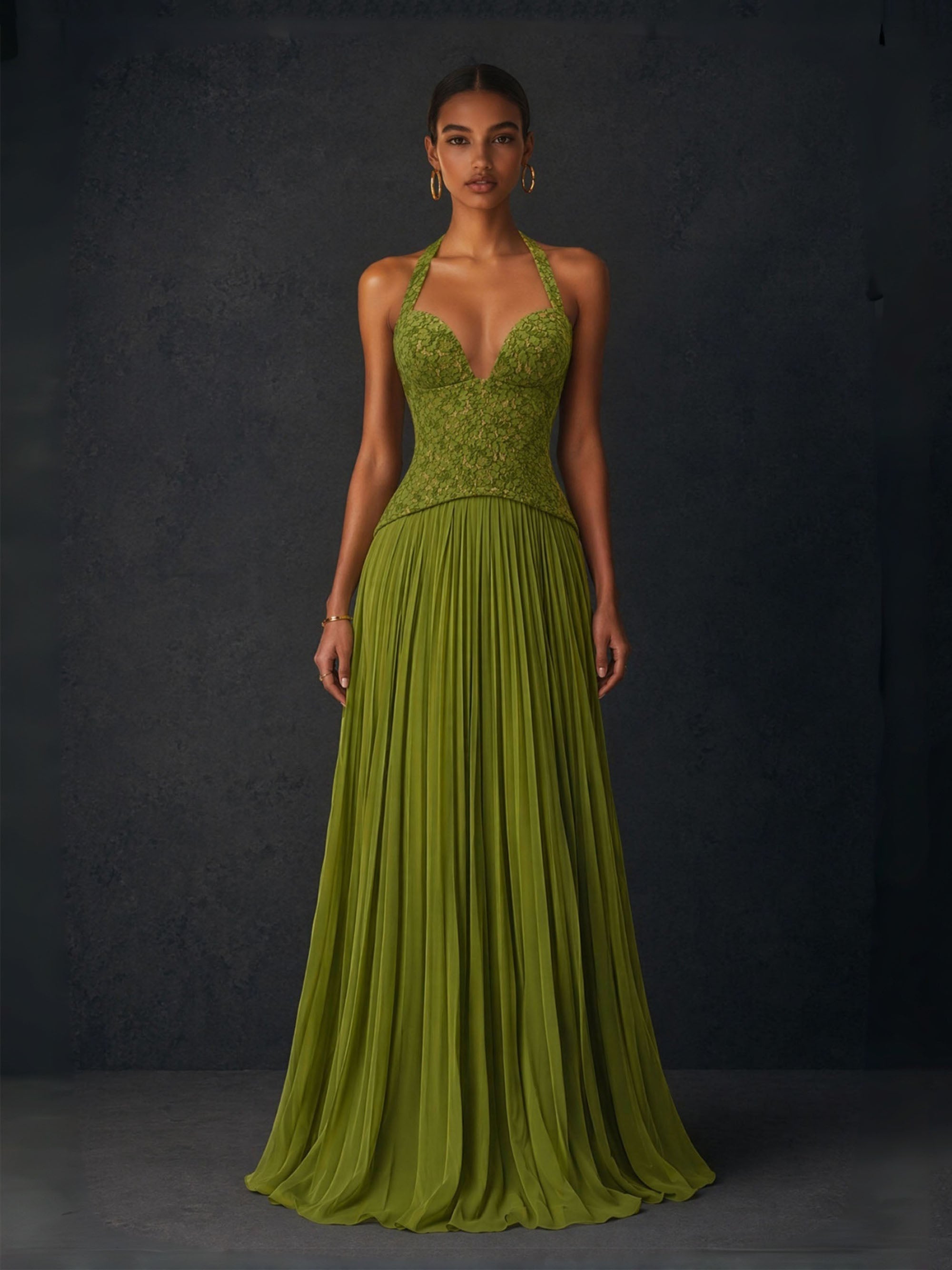 BOLODOO Olive Green Lace Corset Deep V Halter Pleated Chiffon Maxi Dress - Front Full Length View