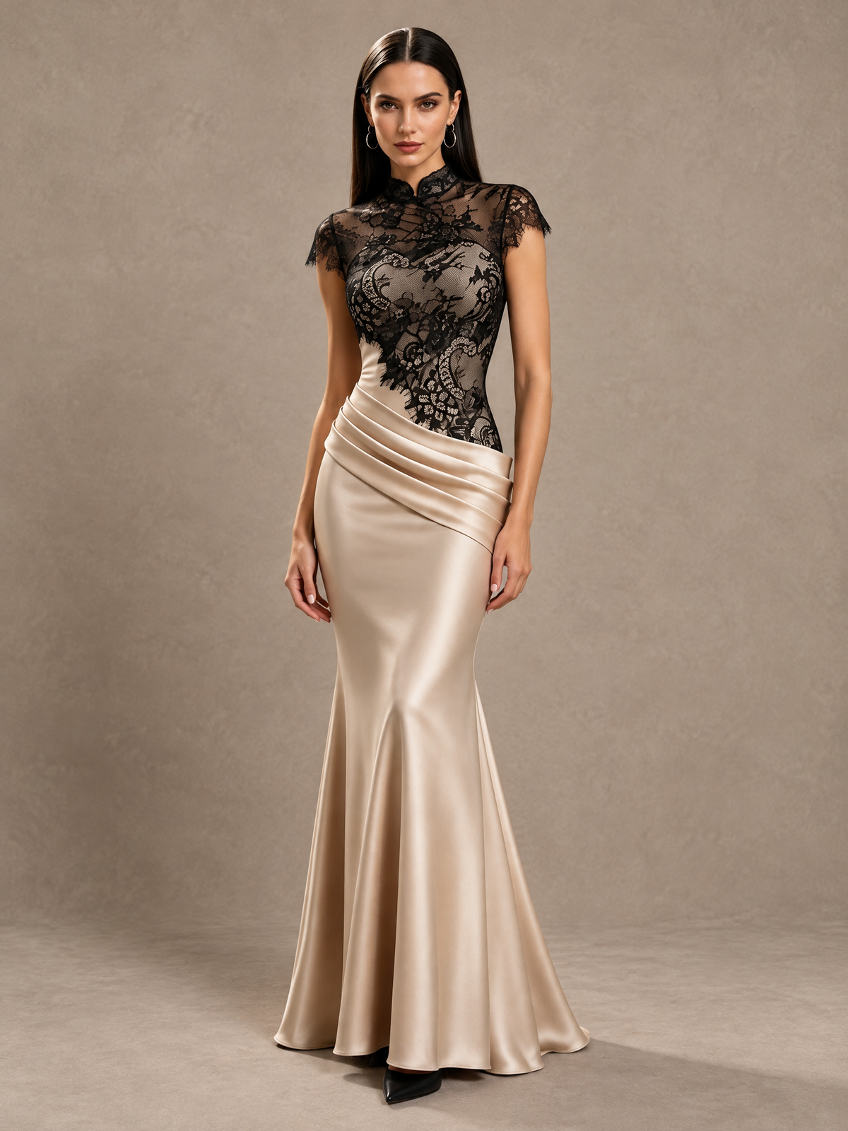 BOLODOO Black Lace Champagne Satin Mermaid Wedding Guest Dress 