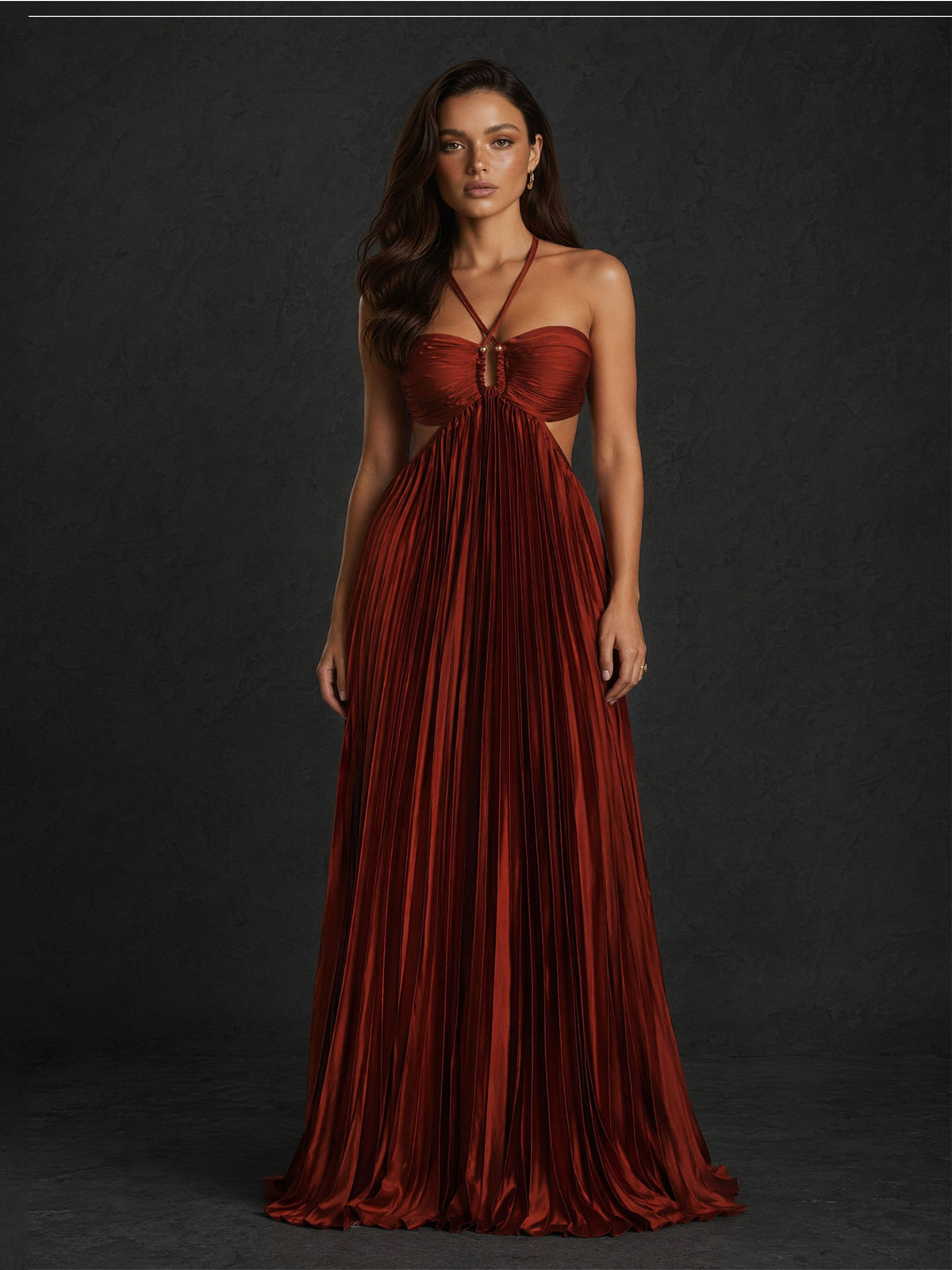 BOLODOO Wine Red Chiffon Pleated Halter Sweetheart Cutout Waist A-Line Backless Maxi Dress