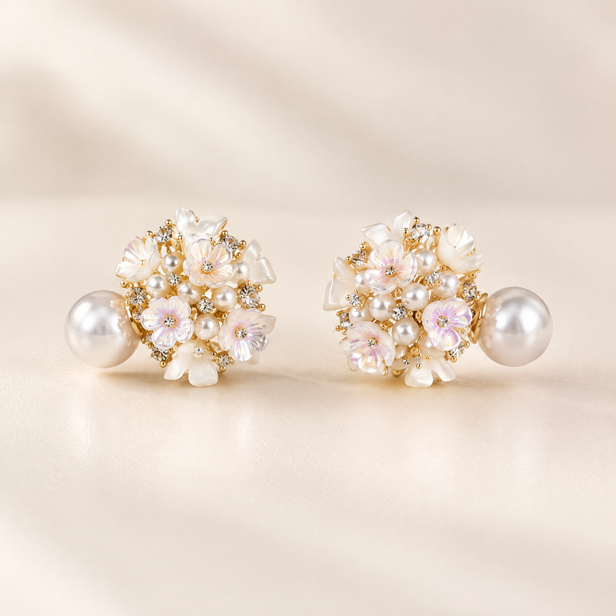 BOLODOO EE0005 floral bridal earrings with ivory and blush petals, pearl-look accents and gold-tone details