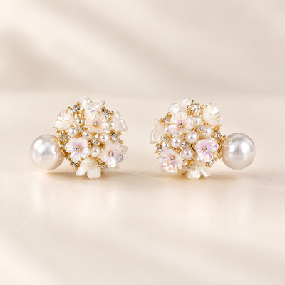 BOLODOO EE0005 floral bridal earrings with ivory and blush petals, pearl-look accents and gold-tone details