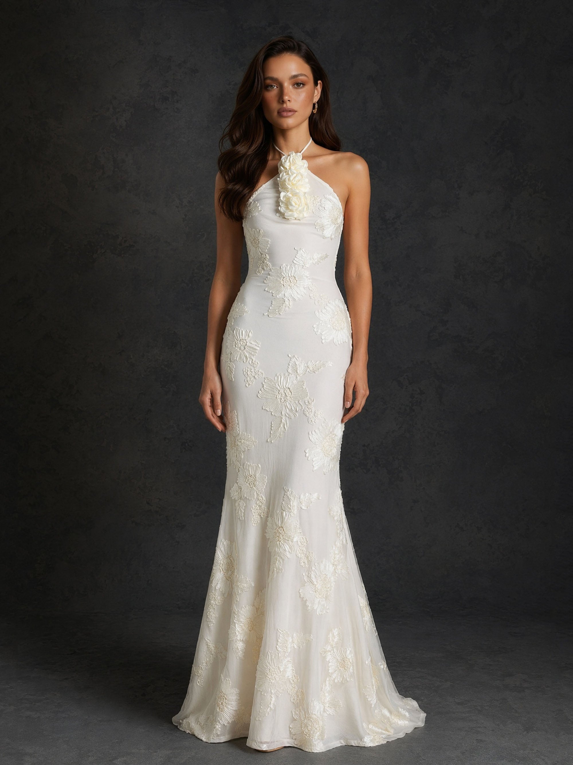 BOLODOO Ivory Tonal Floral Embroidered Mesh Halter Neck 3D Floral Corsage Open Back Mermaid Wedding Dress - Front Upper Body Close-up Showing 3D Floral Corsage and Halter Neckline Detail