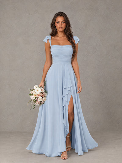 BOLODOO Light Blue Bow-Strap Bridesmaid Dress with Ruffle Slit 