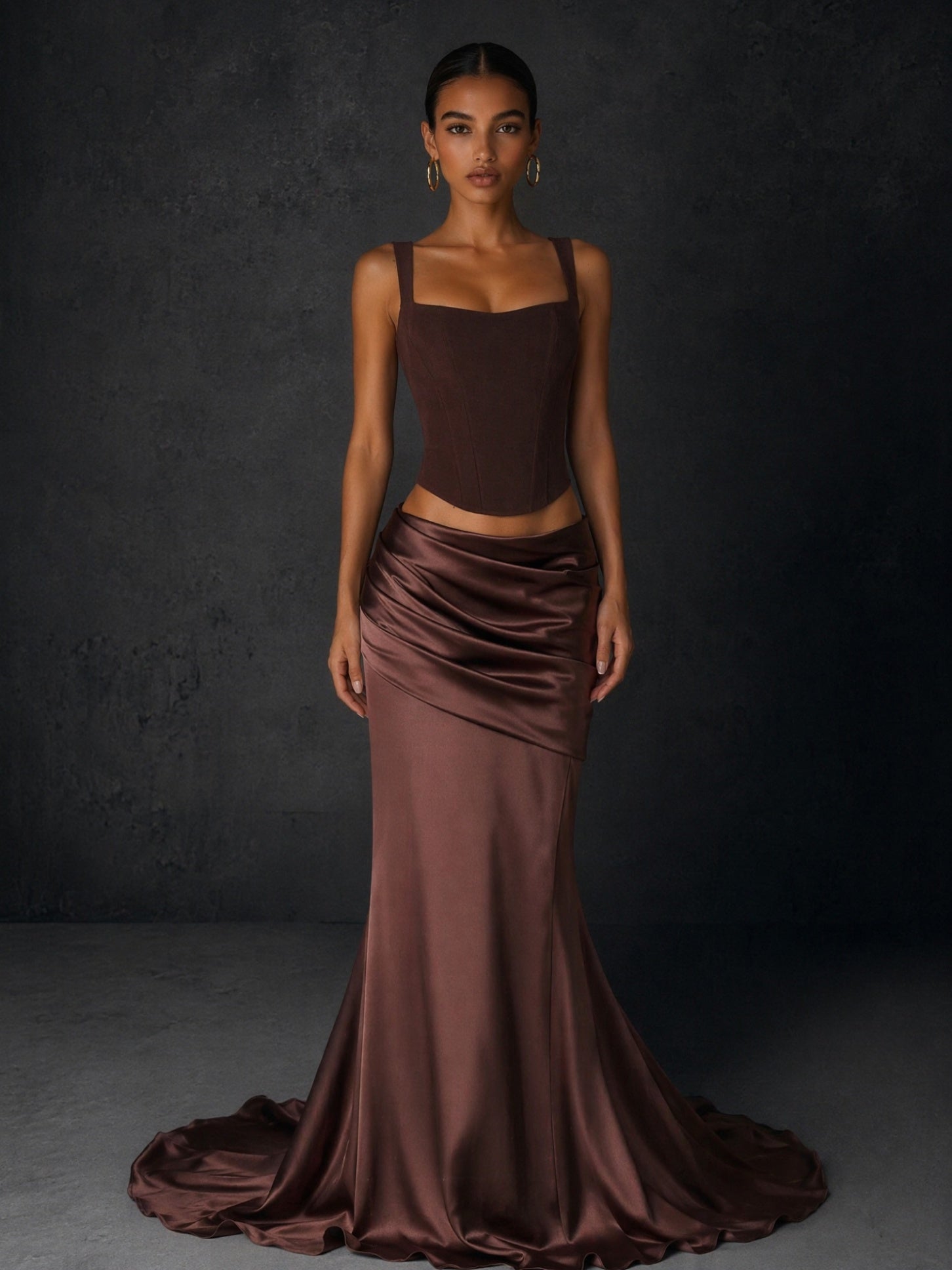 BOLODOO chocolate brown satin two-piece set - upper body close-up showing square neckline and corset top detail