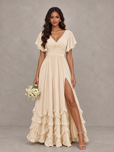 BOLODOO Champagne V-Neck Flutter Sleeve Ruffle Bridesmaid Dress with Slit 