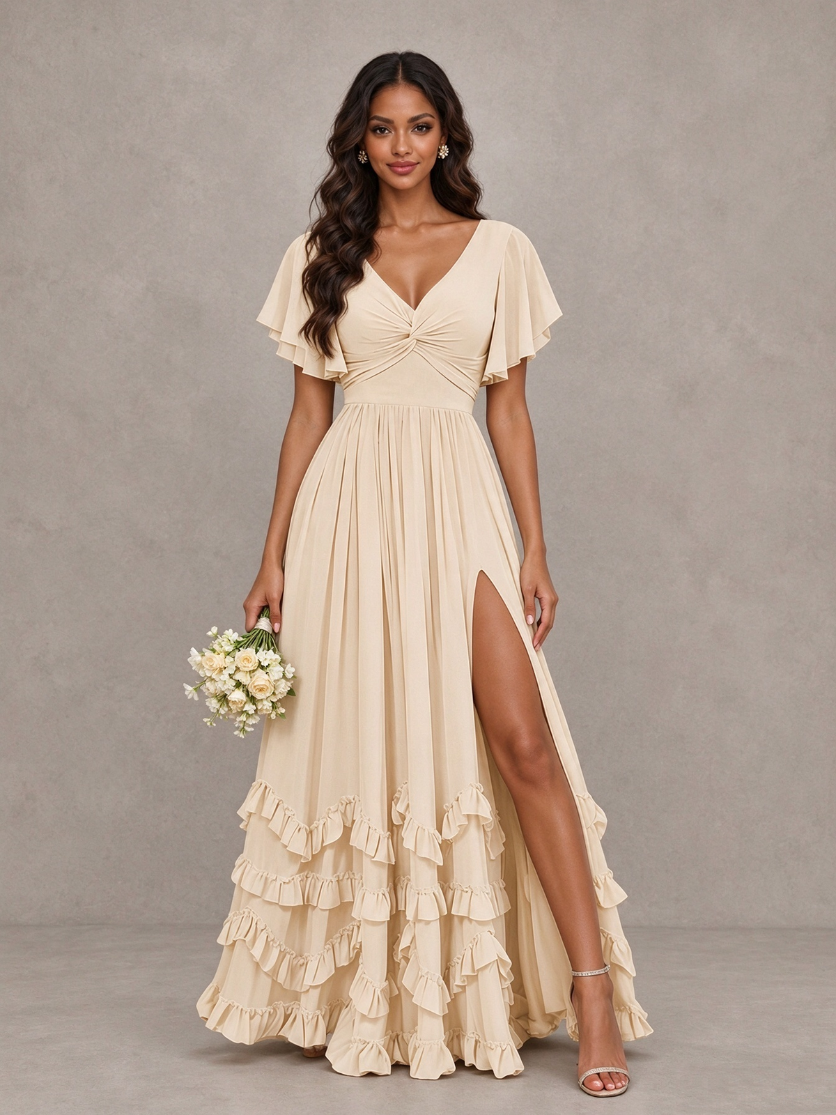 BOLODOO Champagne V-Neck Flutter Sleeve Ruffle Bridesmaid Dress with Slit 