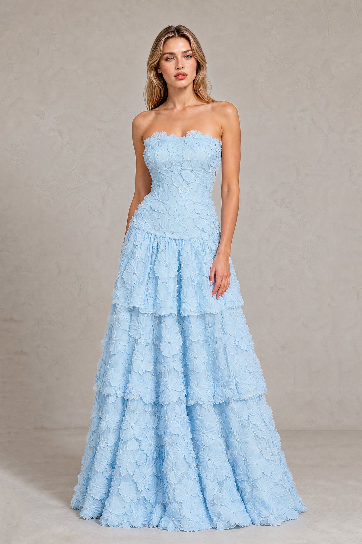 BOLODOO light blue strapless 3D floral tiered floor length evening gown front view