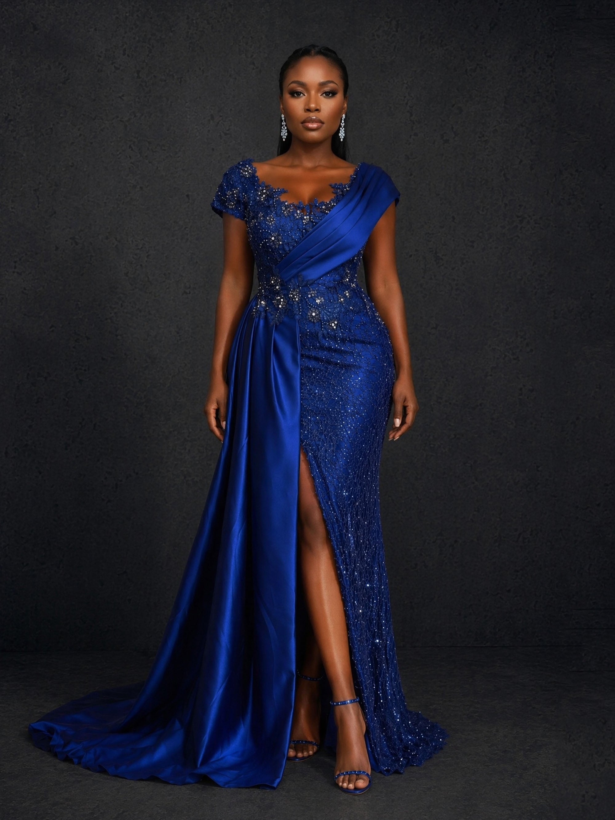 BOLODOO royal blue sequin lace cap sleeve mermaid maxi dress - full length front view showing slit and satin overskirt