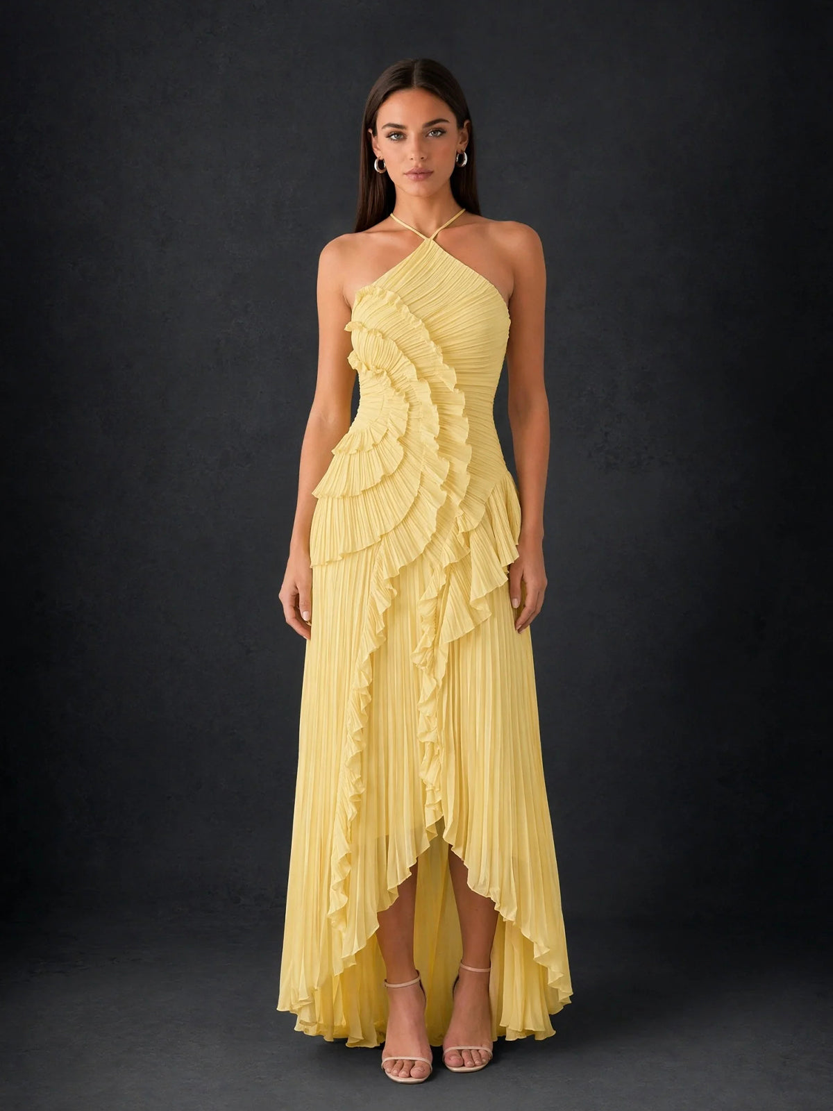 BOLODOO Yellow Halter Neck Ruched Chiffon Cascading Ruffle High-Low Maxi Dress with Open Back