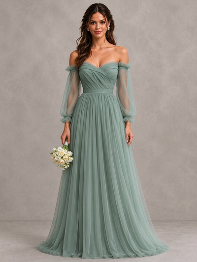 BOLODOO Sage Green Off-the-Shoulder Long Sleeve A-Line Bridesmaid Dress 