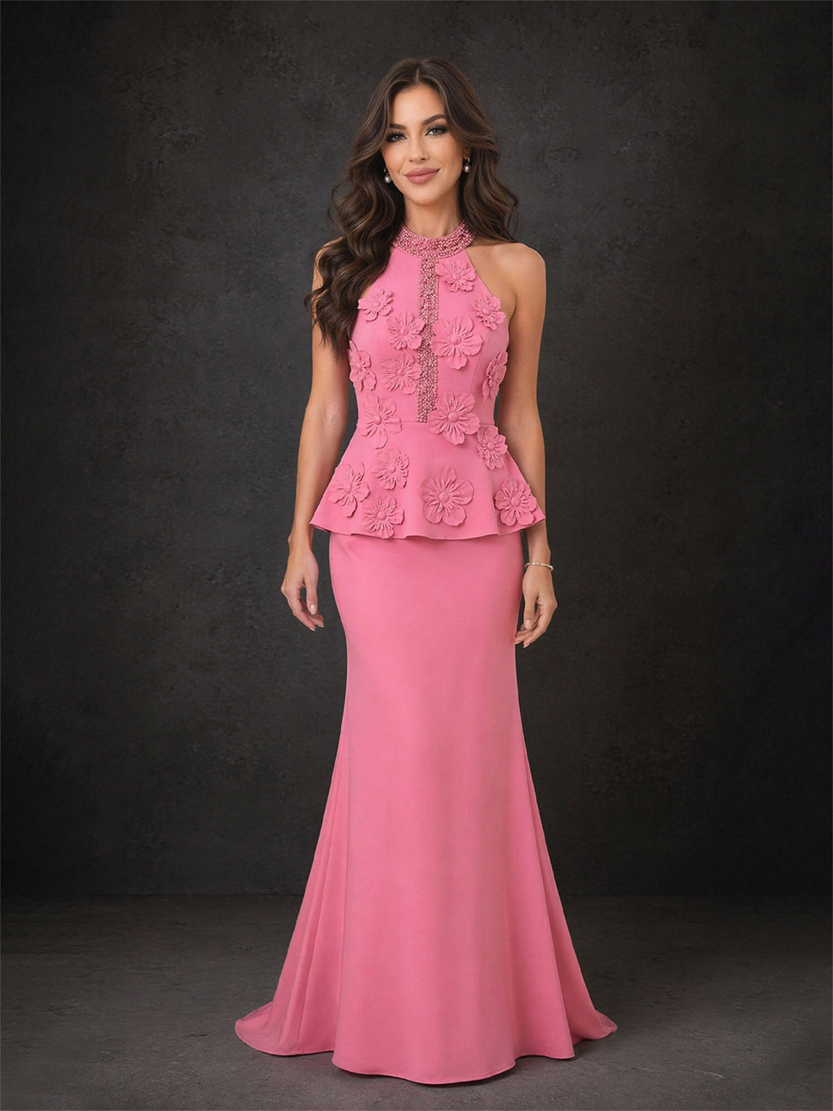 BOLODOO Rose Pink Pearl Beaded Halter Neck 3D Floral Applique Peplum Mermaid Backless Maxi Dress