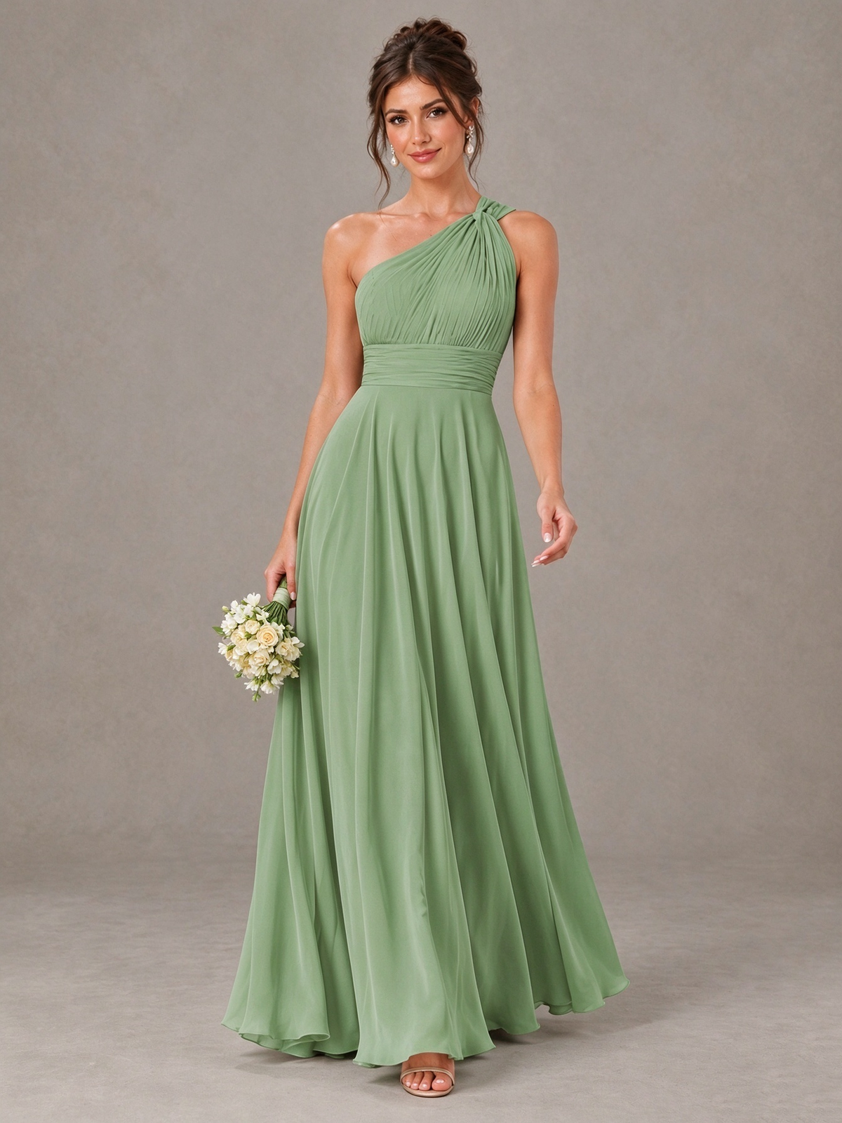 BOLODOO Sage Green One-Shoulder Chiffon-Look Bridesmaid Dress 