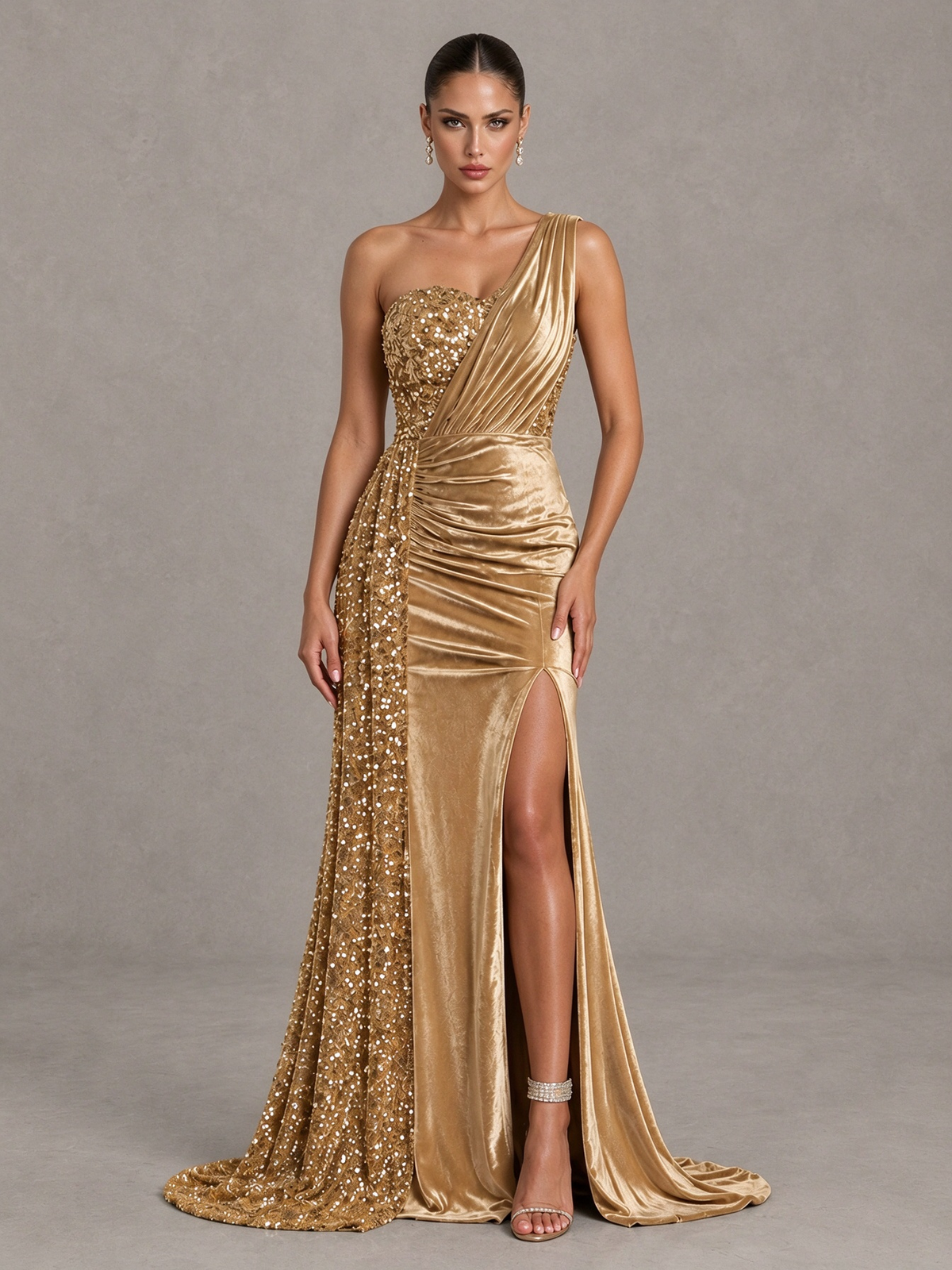 BOLODOO Gold One-Shoulder Satin Sequin Gown with High Slit 