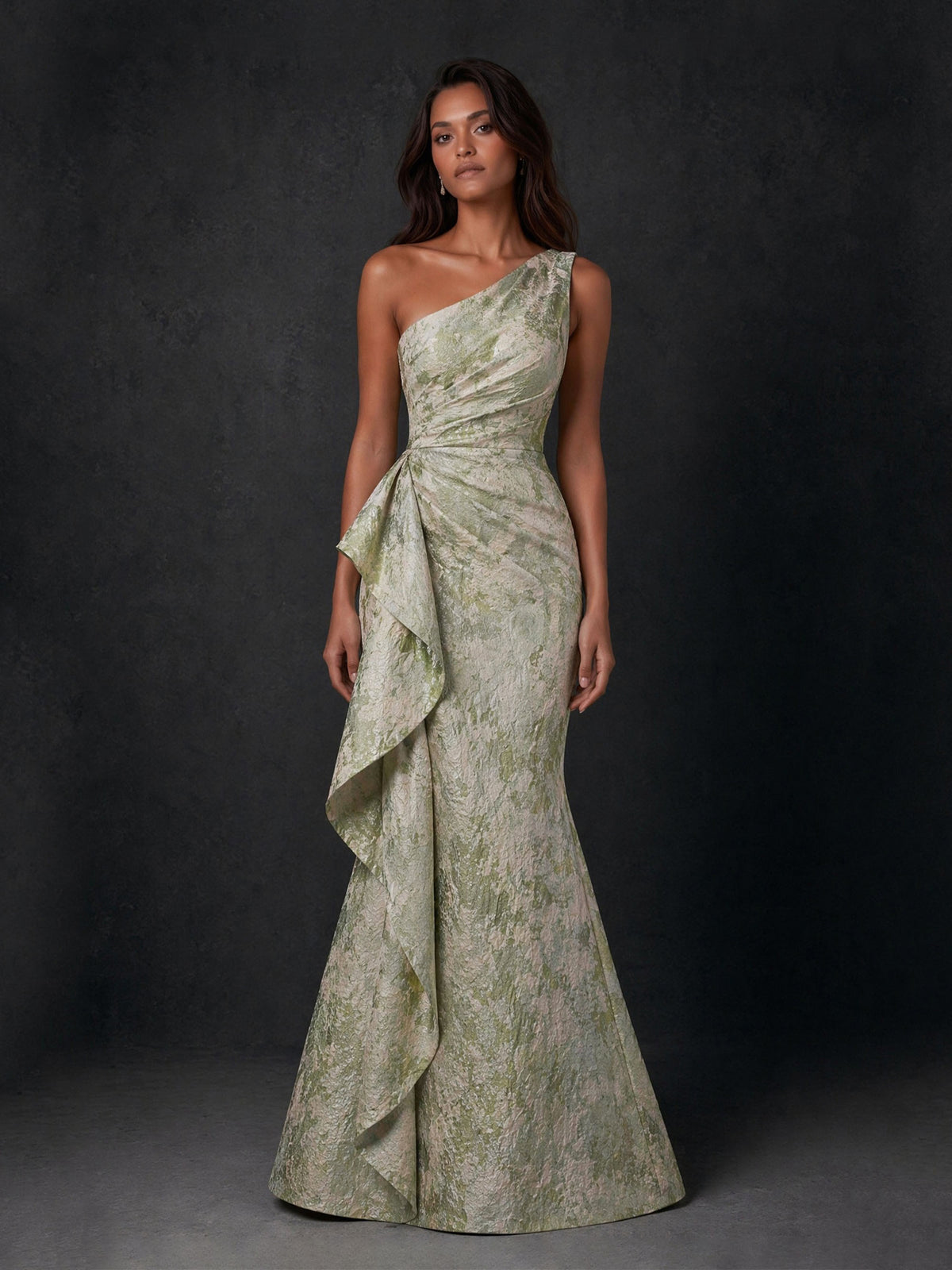 BOLODOO Sage Green Gold Jacquard One-Shoulder Mermaid Evening Gown with Draped Ruffle 