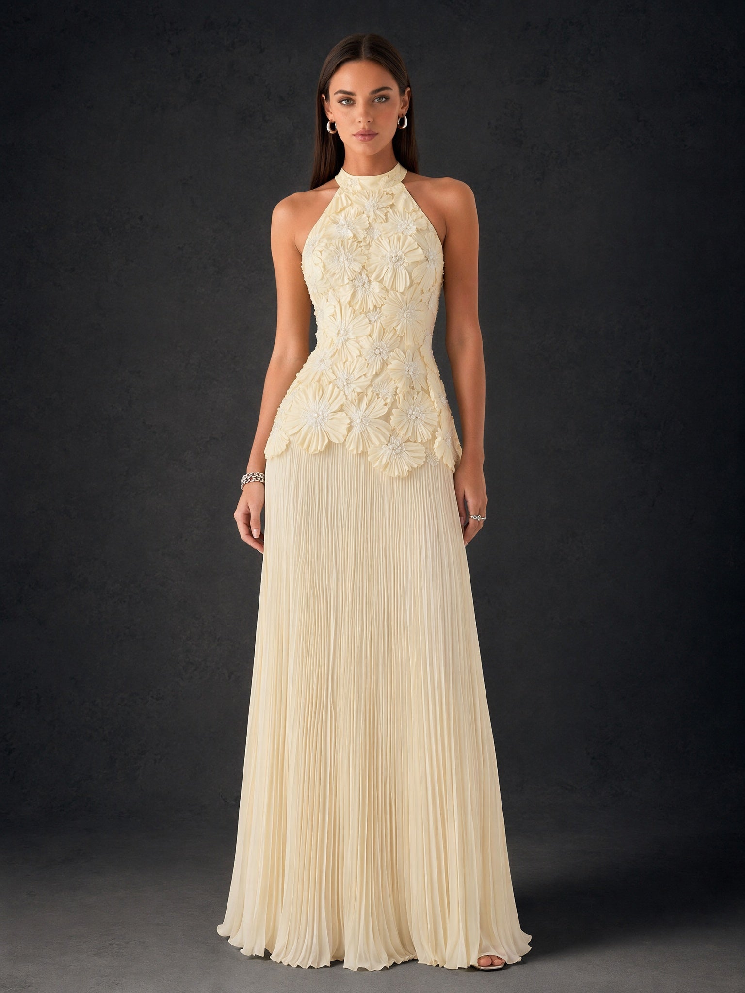 BOLODOO cream ivory 3D floral halter neck pleated chiffon backless maxi dress - front full length view