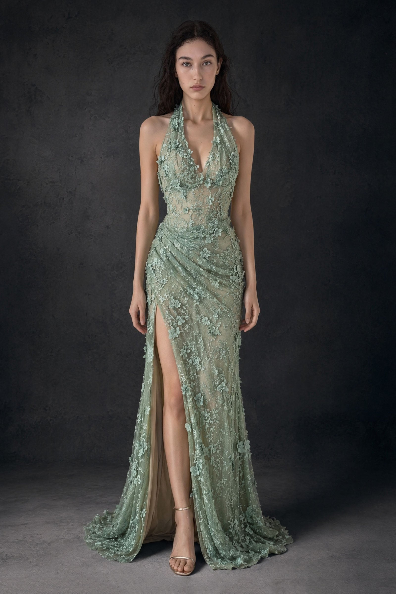 BOLODOO sage green 3D floral embroidered lace halter deep V-neck mermaid backless slit maxi dress - front three-quarter view showing slit