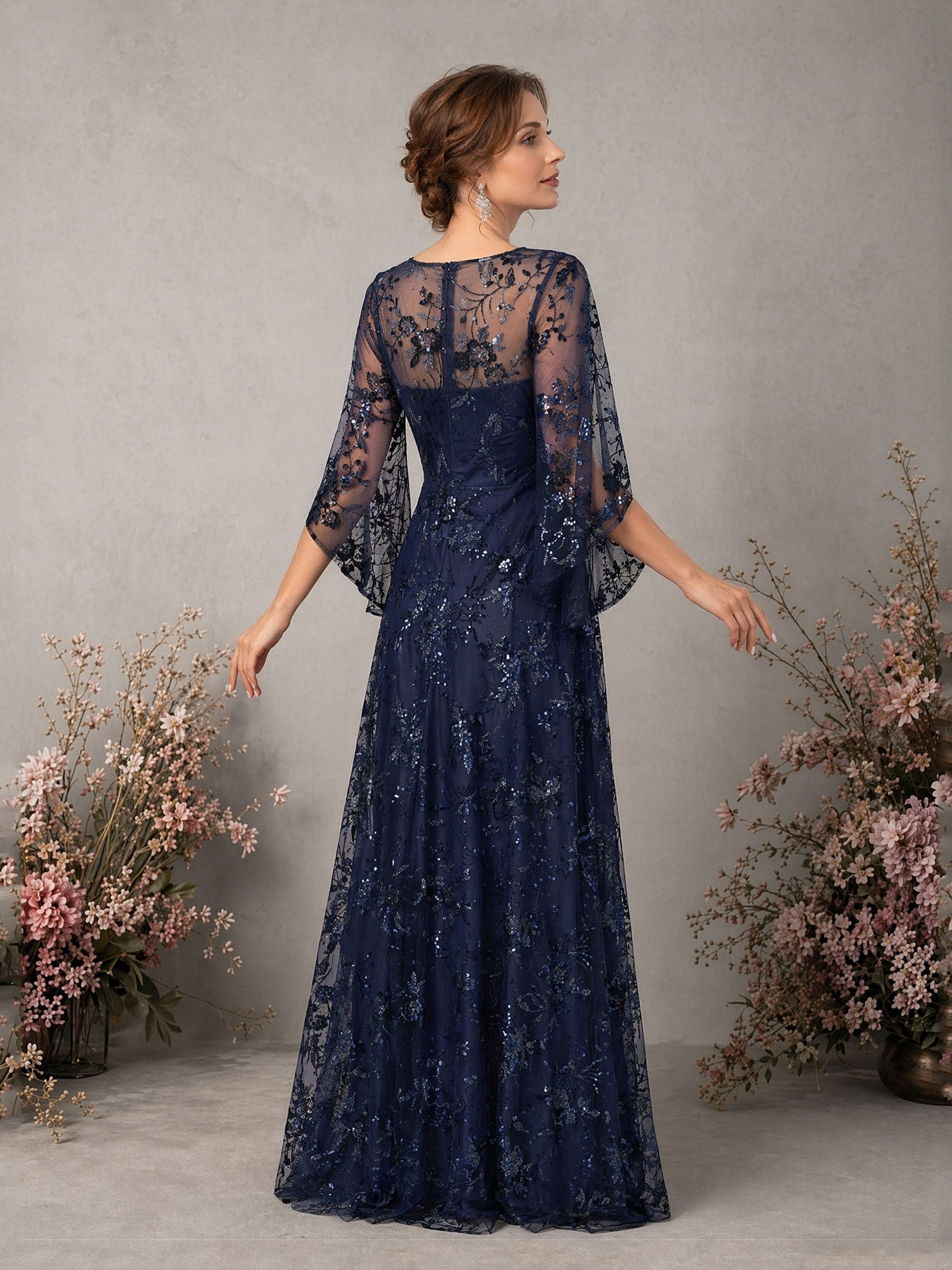 BOLODOO Navy Blue Sequin Lace Cape Sleeve Formal Gown - Three-Quarter View