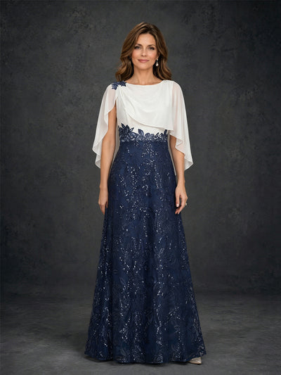 BOLODOO Navy Blue Sequin Lace Maxi Dress with White Chiffon Cape Sleeve – Mother of the Bride Gown