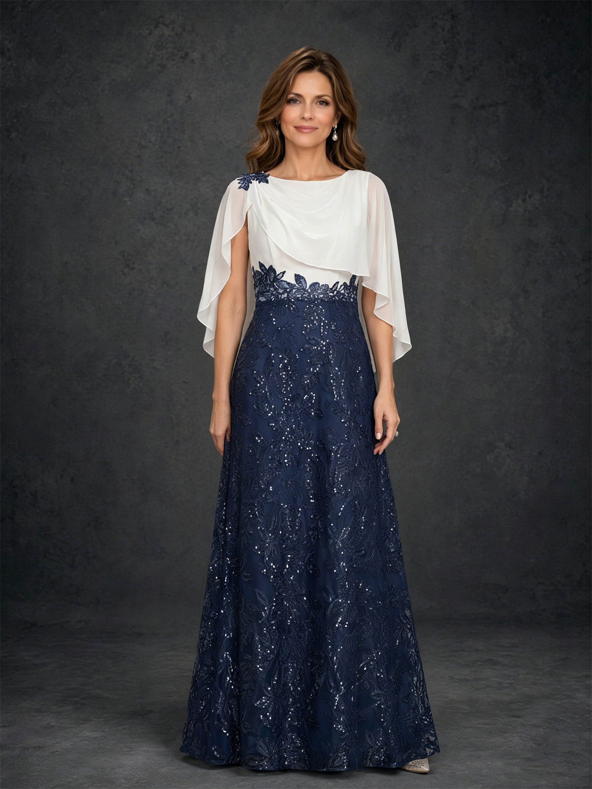 BOLODOO navy blue sequin lace maxi dress with ivory chiffon cape sleeve - front full length looking down pose