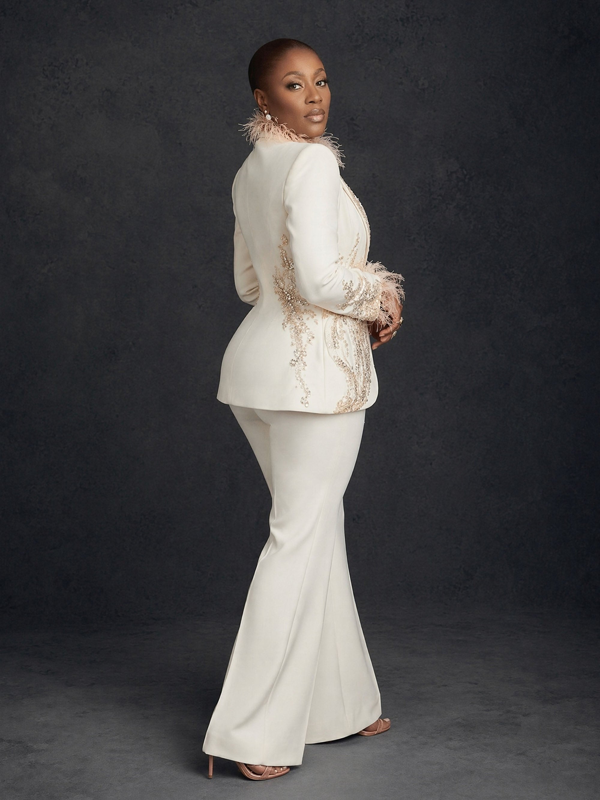 BOLODOO Ivory Gold Rhinestone Feather Trim Blazer Wide-Leg Pants Suit - Side Back View Showing Embroidery and Feather Cuffs