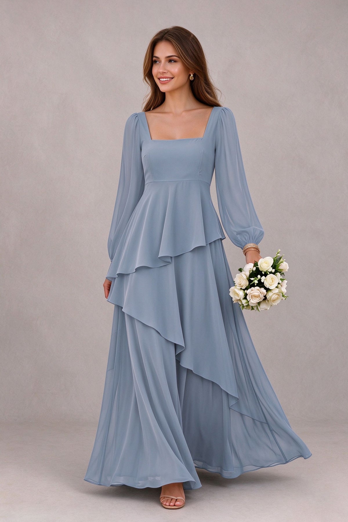 BOLODOO FQ0067 dusty blue A-line formal dress with cascading ruffles, angled front view