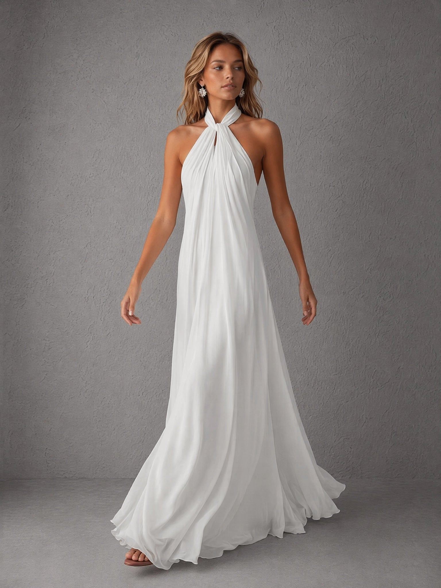 BOLODOO White Halter Neck Twist Knot Backless Chiffon Maxi Dress | Sleeveless Formal Evening Gown