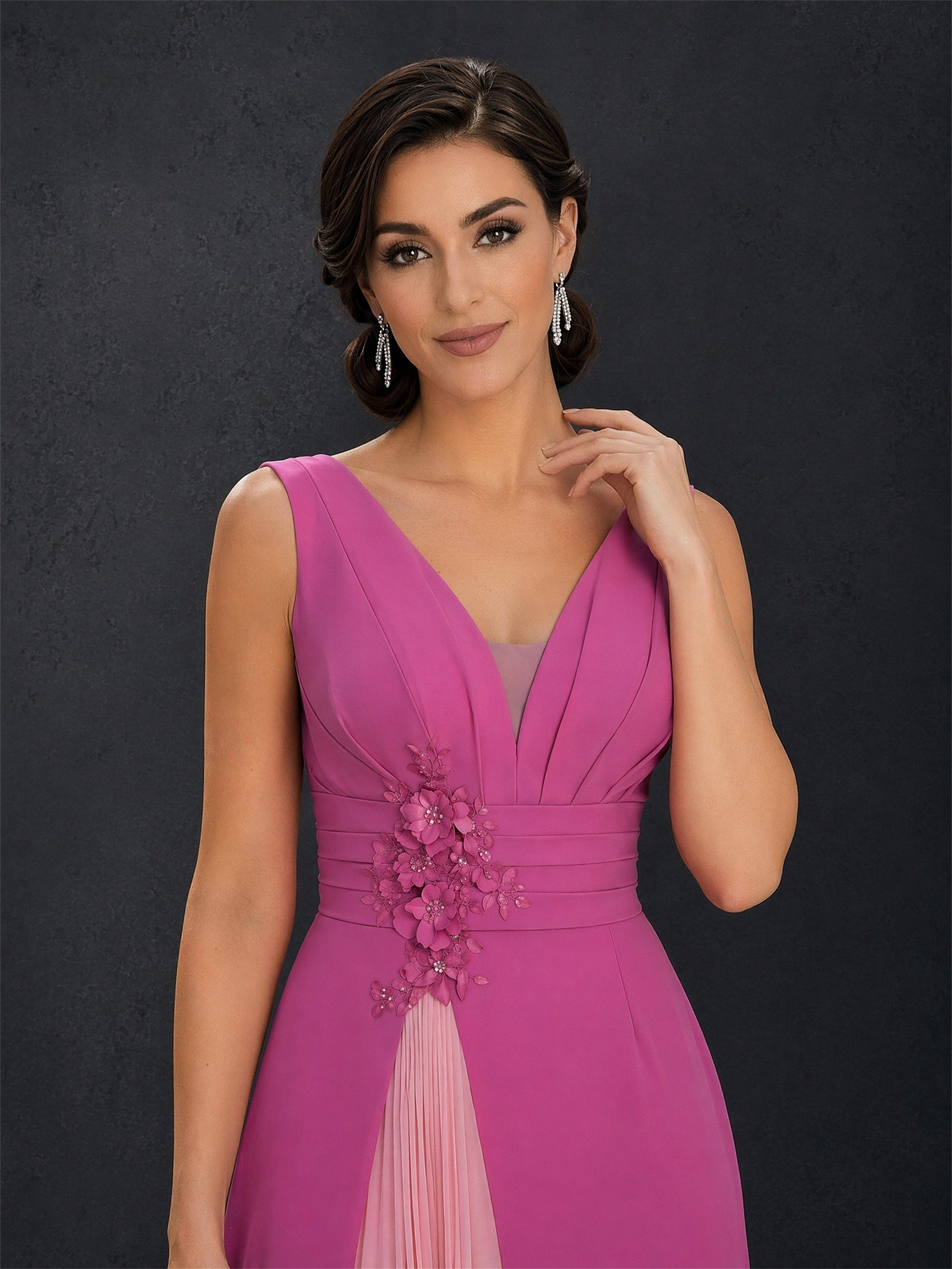 BOLODOO Magenta Pink Two-Tone Chiffon V-Neck 3D Floral A-Line Maxi Dress – 3D Floral Waist Close-Up