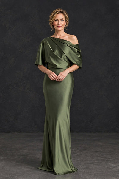 BOLODOO XX112 olive green satin mother of the bride dress with asymmetric neckline, front view