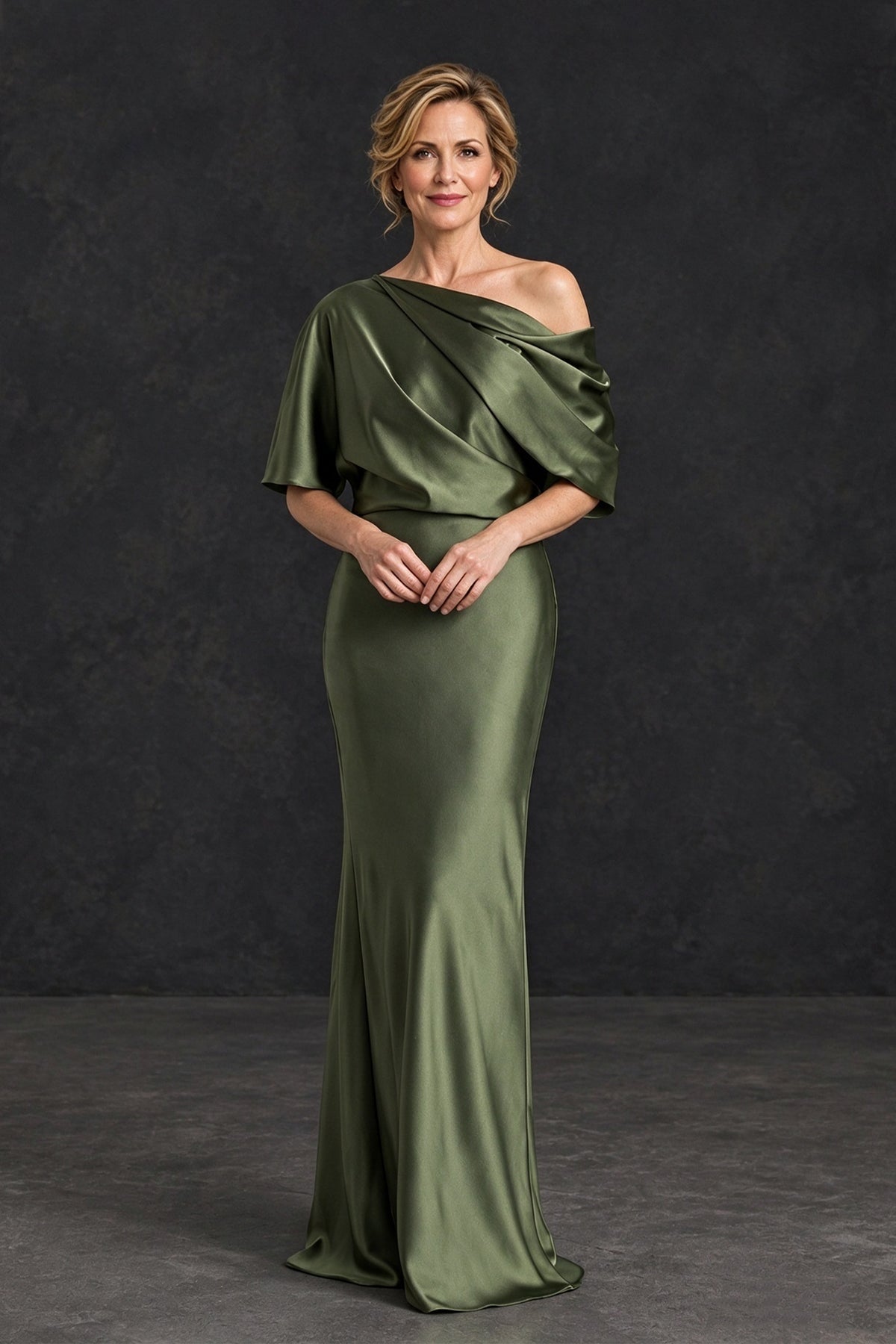 BOLODOO XX112 olive green satin mother of the bride dress with asymmetric neckline, front view