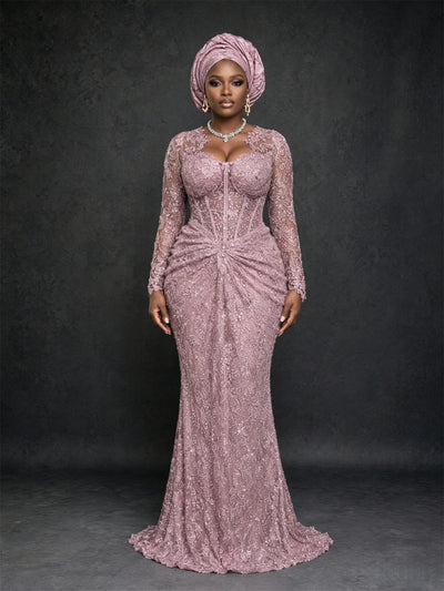 BOLODOO dusty mauve beaded sequin lace long sleeve mermaid gown - front full length direct gaze showing complete silhouette and train